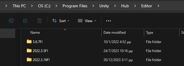 Program Files folder with all currently installed Editor versions.